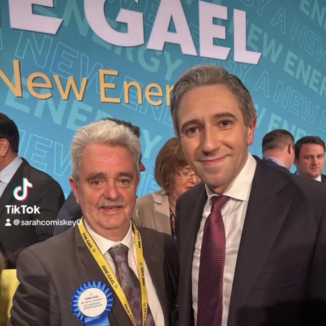 ‘Law and order’ Taoiseach Simon Harris pictured with Fine Gael party candidate Kevin Comiskey who has 15 criminal convictions including ones for drunk driving, not submitting a tax return and illegally using green diesel.