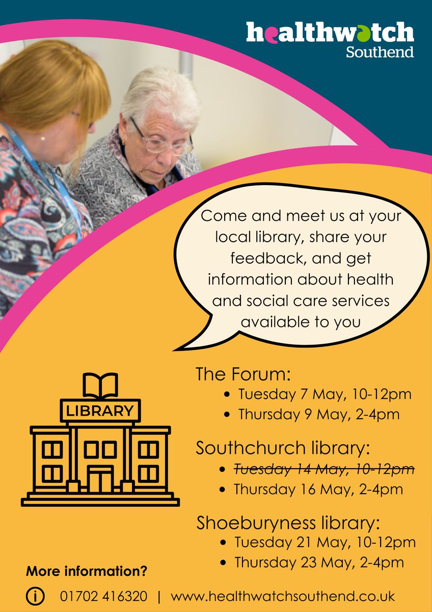 Due to Southchurch library being closed, our event on Tuesday 14 May has been cancelled.

The library is due to reopen on Thursday 16 May, so we hope our session then will go ahead as planned.

We'll update you if anything changes on our website ➡️ healthwatchsouthend.co.uk/update-our-tue…