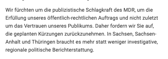 Mitarbeiter und Autorinnen der Redaktion "Politische Magazine und Reportagen" protestieren in einem offenen Brief* gegen die geplanten Kürzungen beim MDR. Diese betreffen auch den Bereich investigative Recherchen und kommen zur Unzeit. djv.de/startseite/ser…