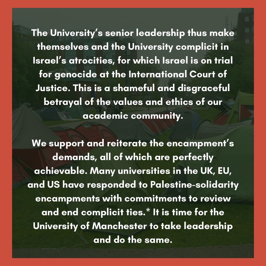 University of Manchester Staff in Solidarity with Palestine declare their full support and solidarity with Manchester Camp of Resistance for Palestine in a statement sent to the University’s senior management. 🧵 1/3