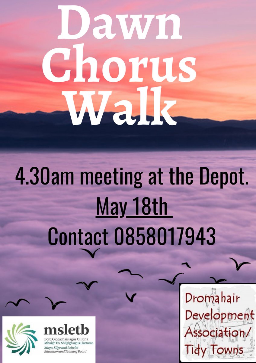 Come along to our Dawn Chorus Walk with Rob Wheeldon on Saturday next the 18th @ 4.30am meeting @ The Depot. If you are an early riser and love nature this is one for you.  Please phone 0858017943 to book your place.