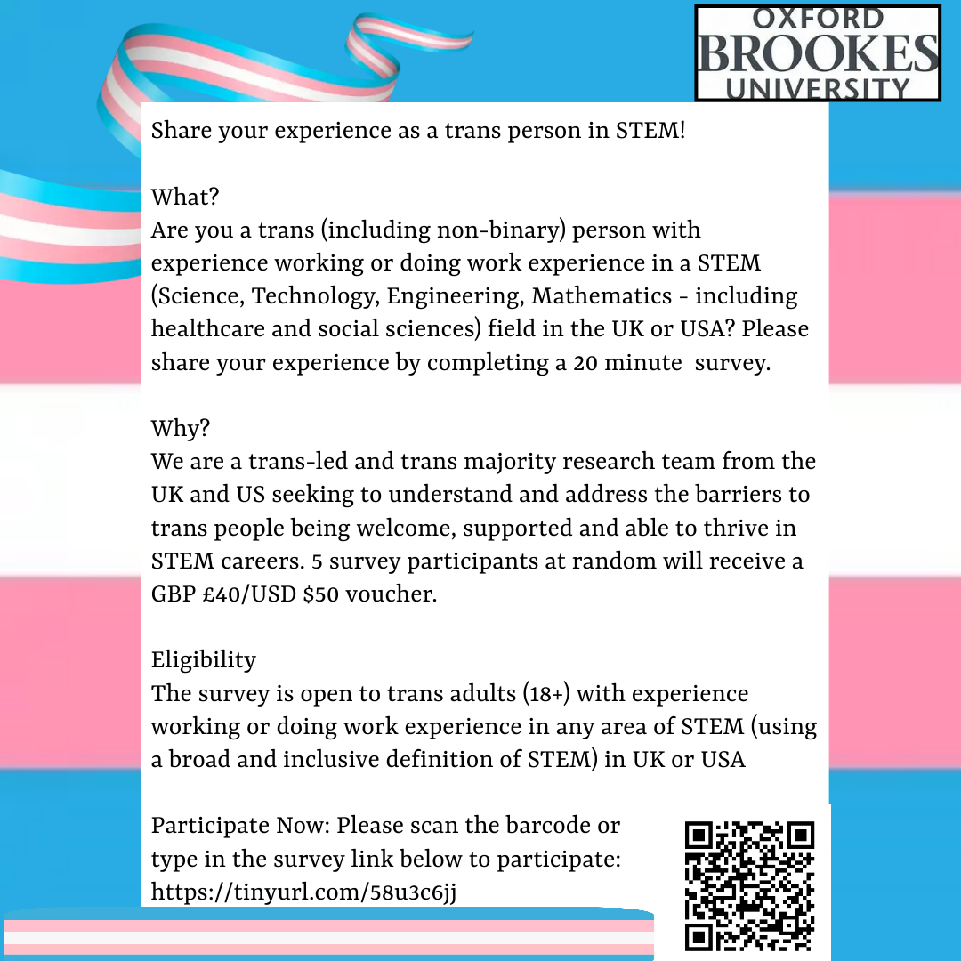 Are you trans (including non-binary) and working in STEM* in the UK or USA. (*Science, Technology, Engineering, Mathematics - including healthcare & social sciences)    

Participate in trans-led research on your experiences. 
tinyurl.com/58u3c6jj

#LGBTinSTEM #TransinSTEM