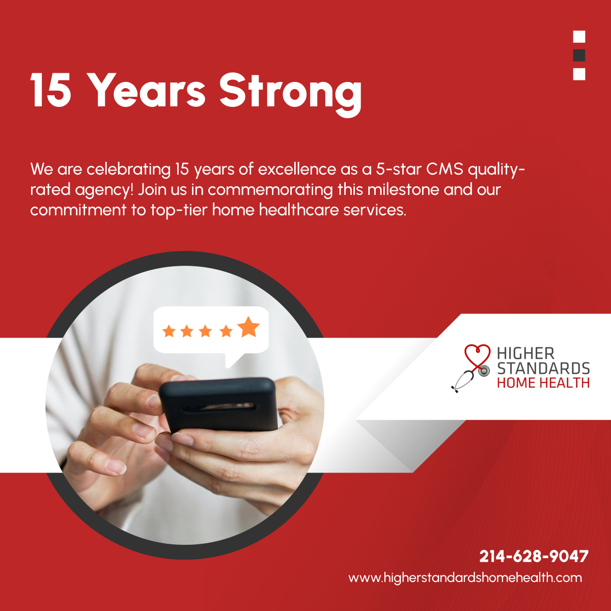 Join us in celebrating 15 years of excellence! As a 5-star CMS quality-rated agency, we're part of the top 6% nationwide. Thank you for trusting us for your care. 

#DallasTX #5StarAgency #HomeHealthCare