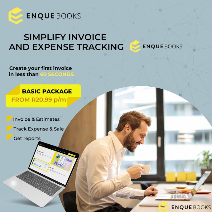 Enque Books is a 100% black youth owned accounting software to manage your finances from just R20.99 per month. 1. create unlimited invoices and quotes 2. Track sales and expenses 3. Manage Bills 4. Get Instant Reports Click the link below to create an account and