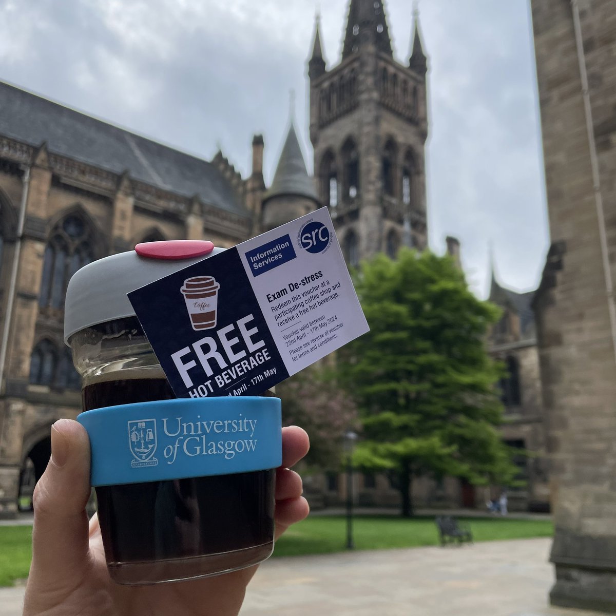 It's the last week of exams 🎉 and the last week to pick up your free hot drink voucher from one of our stalls ☕️ Find us in the JMS, ground floor: today (10-12), Wednesday (10-12) and Friday (10-12). #ExamDestress @UofGlasgow