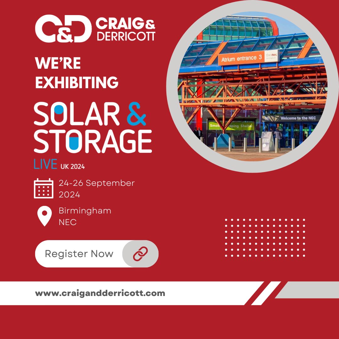 🌟 Exciting news! Craig &amp; Derricott will be at Solar &amp; Storage Live 2024 from Sept 24-26. Get your free attendance tickets here: secure.terrapinn.com/V5/step1.aspx?…🎉 
Visit our stand A5 in Hall 5 at Birmingham NEC! 
#MakeTheSwitch #SolarAndStorageLive