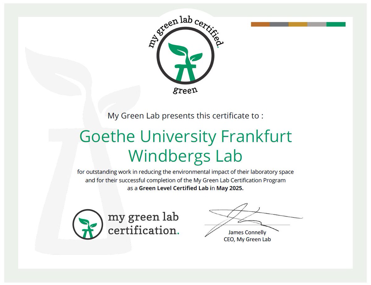 After months of implementing small changes in our labs, we're finally @My_Green_Lab-certified, reaching Green Level!🎉🌱Thanks to the whole  team, especially @nathaliejott , for their efforts in making science a little bit more sustainable! 👏#sustainability @goetheuni