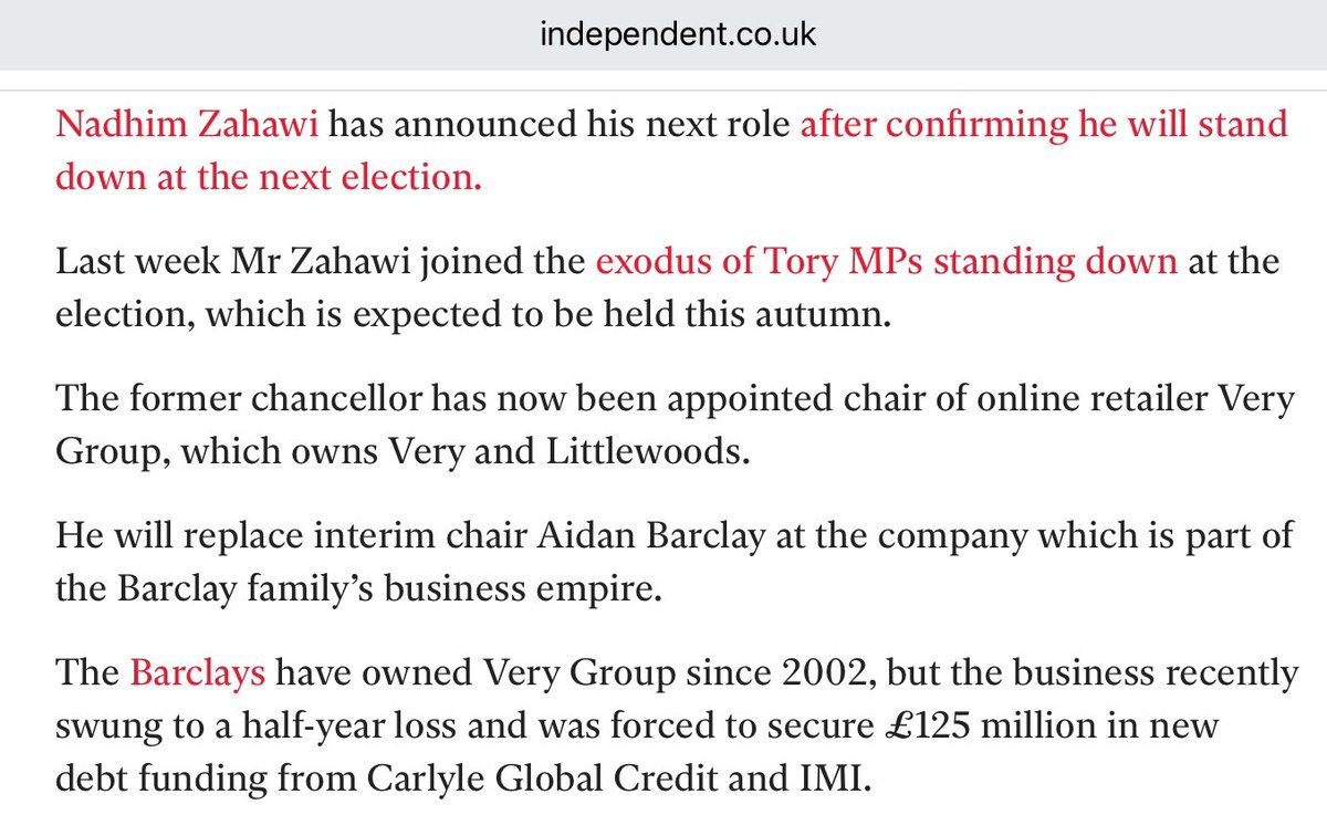 ExChancellor and soon to be ex-MP Zahawi who made a mistake which saved him £5m tax until he was caught, will chair Very Group for the Barclay family - renowned for living in tax havens like Brecqhou and Monaco.