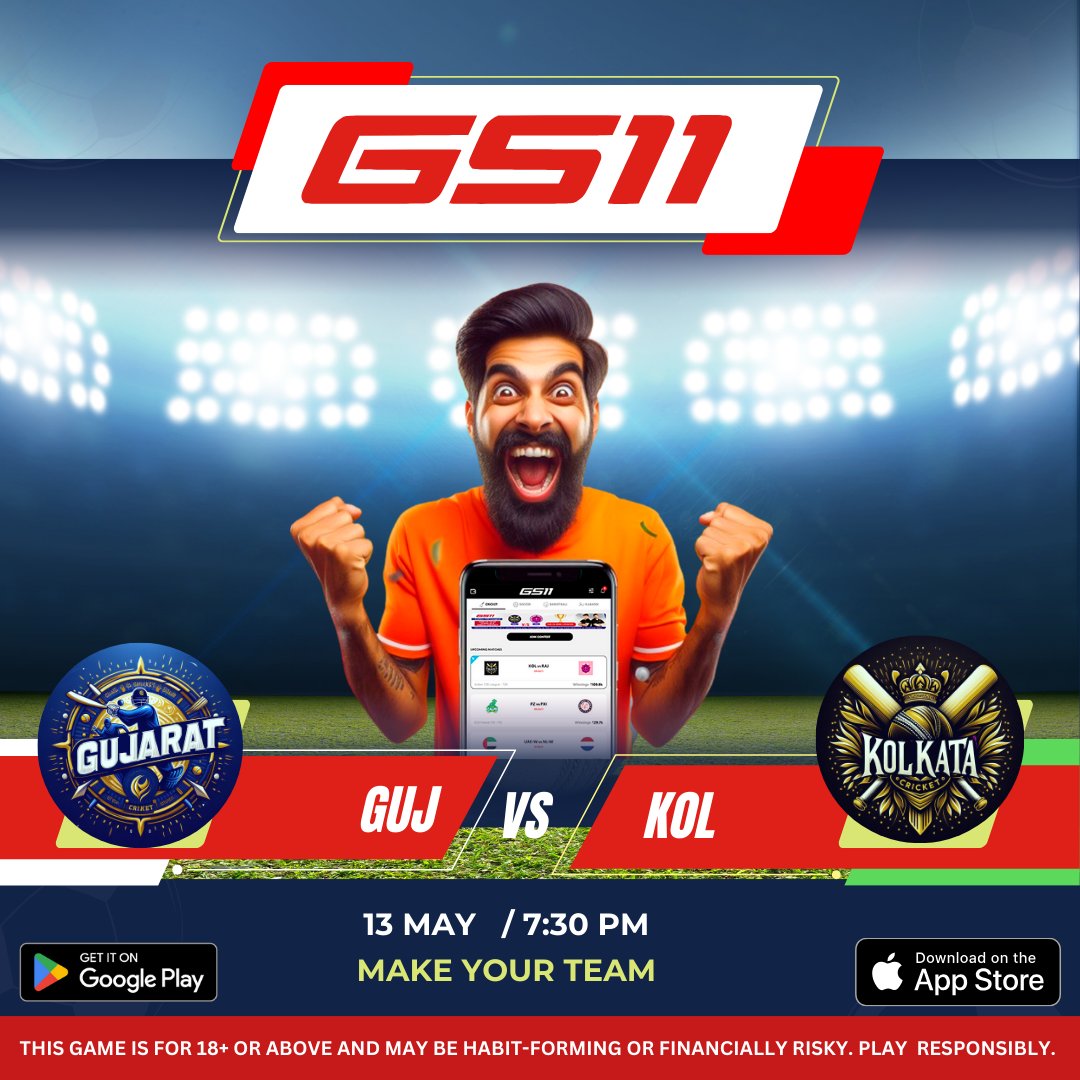 📷 Join the GS11 App:
Are you ready for an exciting match between the Gujarat (GUJ) and the Kolkata (KOL)? 📷
Create your team with the best players from both sides.
Win exciting prizes and bragging rights!
📷 Download the GS11 app now
 #gs11 #cricket #T20