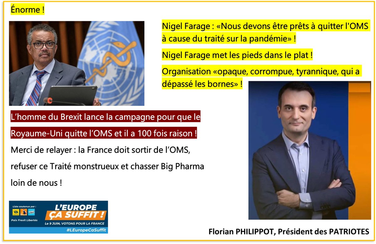 Nigel Farage, l’homme du Brexit, lance la campagne pour que le Royaume-Uni quitte l’OMS et il a 100 fois raison !✊✊✊
👉#LEuropeÇaSuffit🇫🇷
👉#Le9JuinJeVoteLesPatriotes🇫🇷

(cf : telegraph.co.uk/news/2024/05/1…)