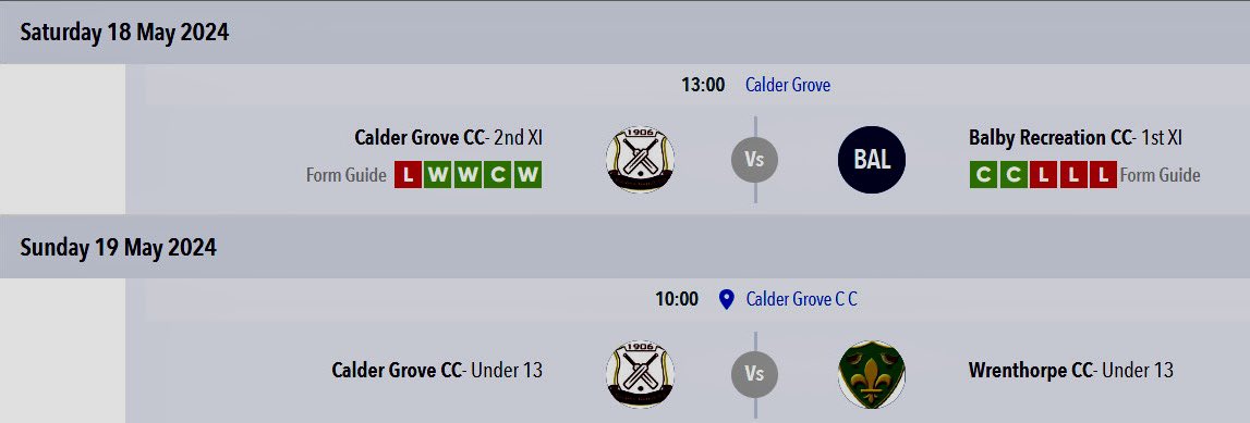 This weeks home matches