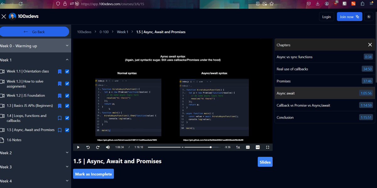 #day1 of @kirat_tw cohort 
Completed my week1 
Highlight-He taught asynchronous and promises in the most easiest way possible👍🏻

Looking forward to start week 2 …:)👩‍💻
#100xDevs #100DaysOfCode #buildinginpublic #developercommunity #javascript #CodingJourney