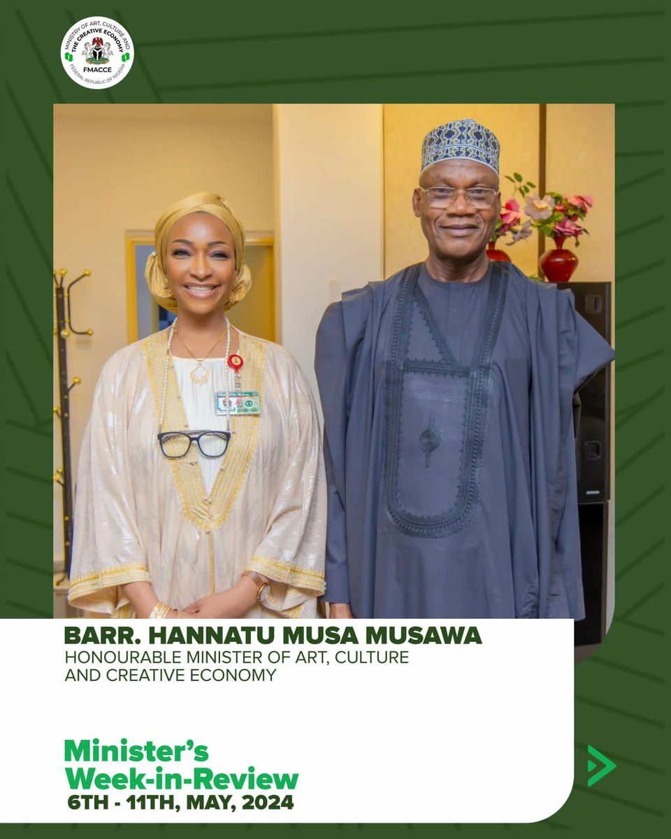 _cityboyy's tweet photo. In the past week, Barr. Hannatu Musawa, the Honourable Minister of Art, Culture, and Creative Economy, was deeply involved in vibrant cultural events and creative projects, showcasing her dynamic engagement.
@FMACCE_Nigeria
#DynamicCulture #CreativeInitiatives @hanneymusawa https://t.co/Sn5c3RlnQm