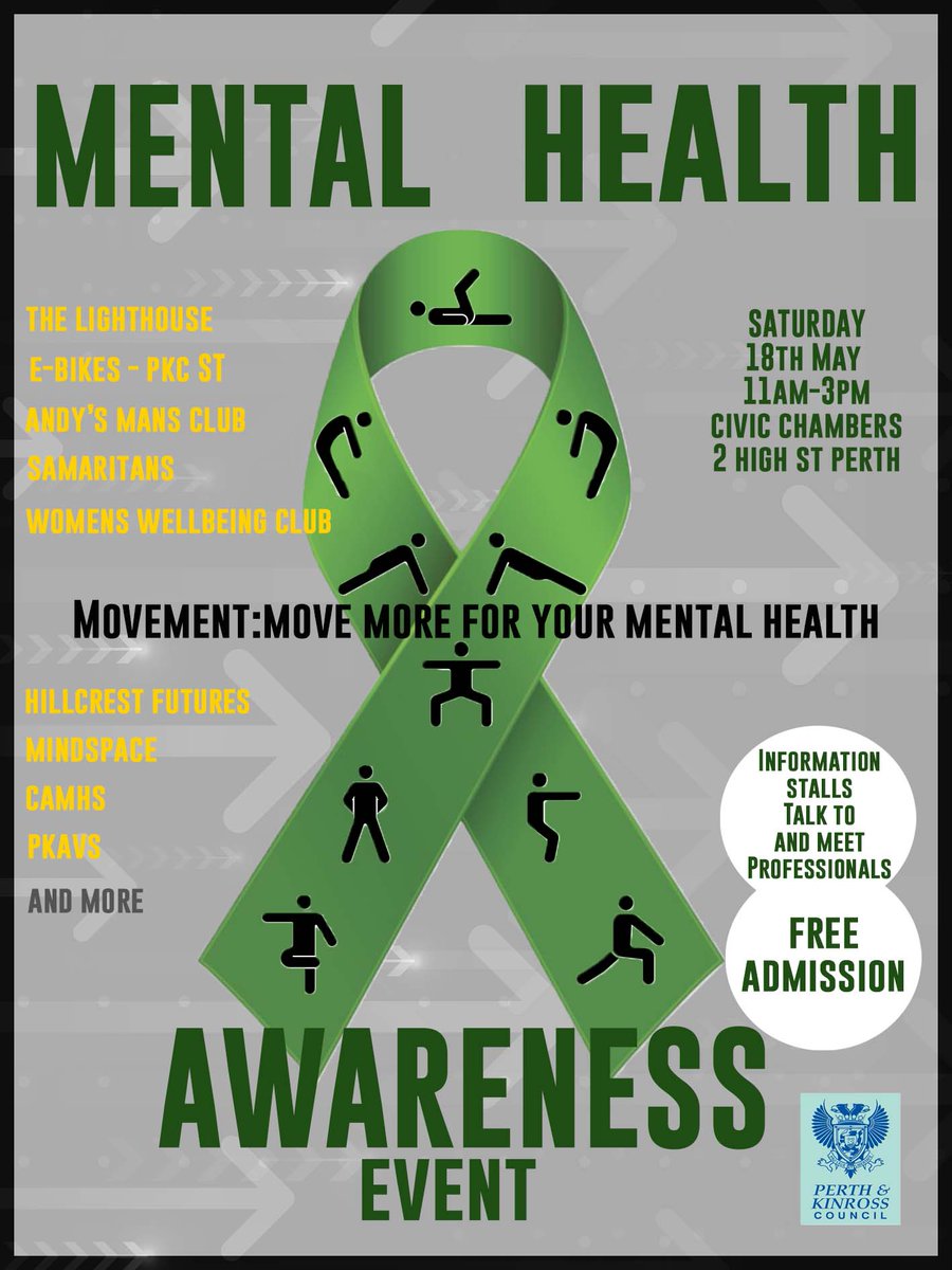 🖤💚💛 Mental Health Awareness Week 2024 Event: come join us and other mental health and wellbeing services on Saturday 18th May, 11-3pm, at the Civic Chambers (2 High Street, Perth). #youthmentalhealth #suicideprevention #perthandkinross #welistenwecare