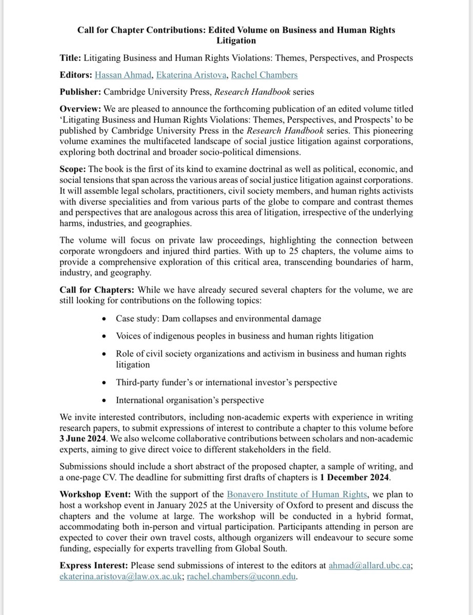 Call for chapters: new book on #bizhumanrights litigation. Please refer to the attached call for chapters on the selected topics. Express your interest by 3 June. Contributions from non-academic experts are welcome. Please help to share @BonaveroIHR @OxfordLawFac @BHRRC @ECCJorg