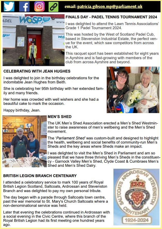 MAY 2024 NEWSLETTER –    Please find a round-up of some of my work on behalf of the people of #NorthAyrshire & #Arran throughout April at tinyurl.com/2ffrr7wb