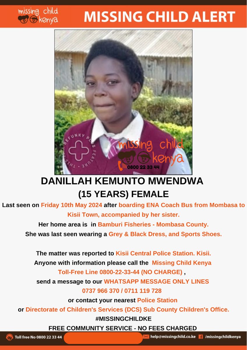 MISSING CHILD ALERT – BAMBURI FISHERIES - MOMBASA COUNTY. Danillah Kemunto Mwendwa (15yrs) was last seen on 10/05/2024. Please share alert to help reunite her with family. Thanks. #MISSINGCHILDKE @MTotoNews @Ma3Route @SokoAnalyst @KenyanTraffic @Tuko_co_ke