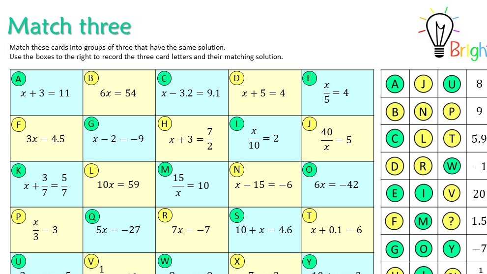 ✨New resource!✨ Match three worksheet on one step equations. Covers all four operations (including x on the denominator) as well as negative and decimal solutions. 🤓 bright-maths.co.uk/algebra