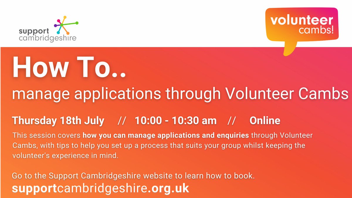 📅 Join us on Thursday, July 18th at 10am for a session on managing applications through Volunteer Cambs. Learn how to streamline your process while prioritising the volunteer experience. Book now: supportcambridgeshire.org.uk/event/how-to-m… #VolunteerCambs #CommunityEngagement
