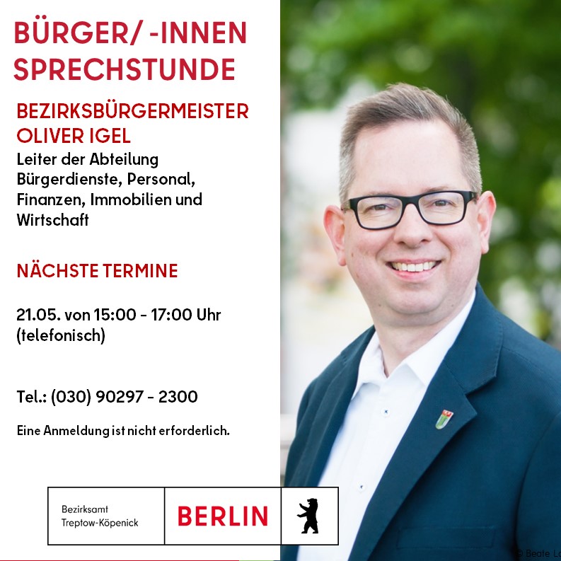 📞 Bürger/-innensprechstunde des Bezirksbürgermeisters Oliver Igel im Mai 🔸 Dienstag, 21. Mai 2024 von 15:00 – 17:00 Uhr ☎️ telefonisch Weitere Informationen unter: 👉 sohub.io/ekg6