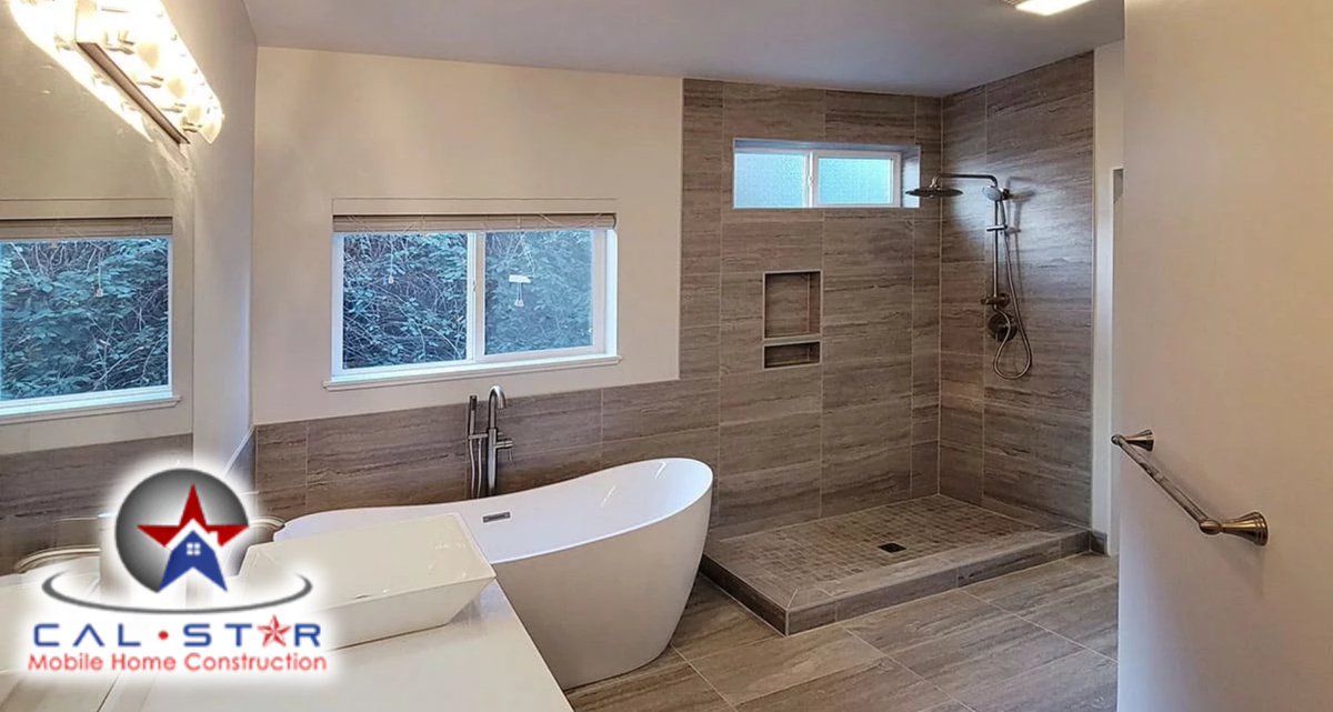 🛁 Outdated bathroom in your mobile home? Create a luxurious retreat with Mobile Home Bathroom Remodeling from Cal Star Mobile Home Construction. Treat yourself to a spa-like experience! #BathroomUpgrade #MobileHomeRenovation #CalStarConstruction 🚿🐾