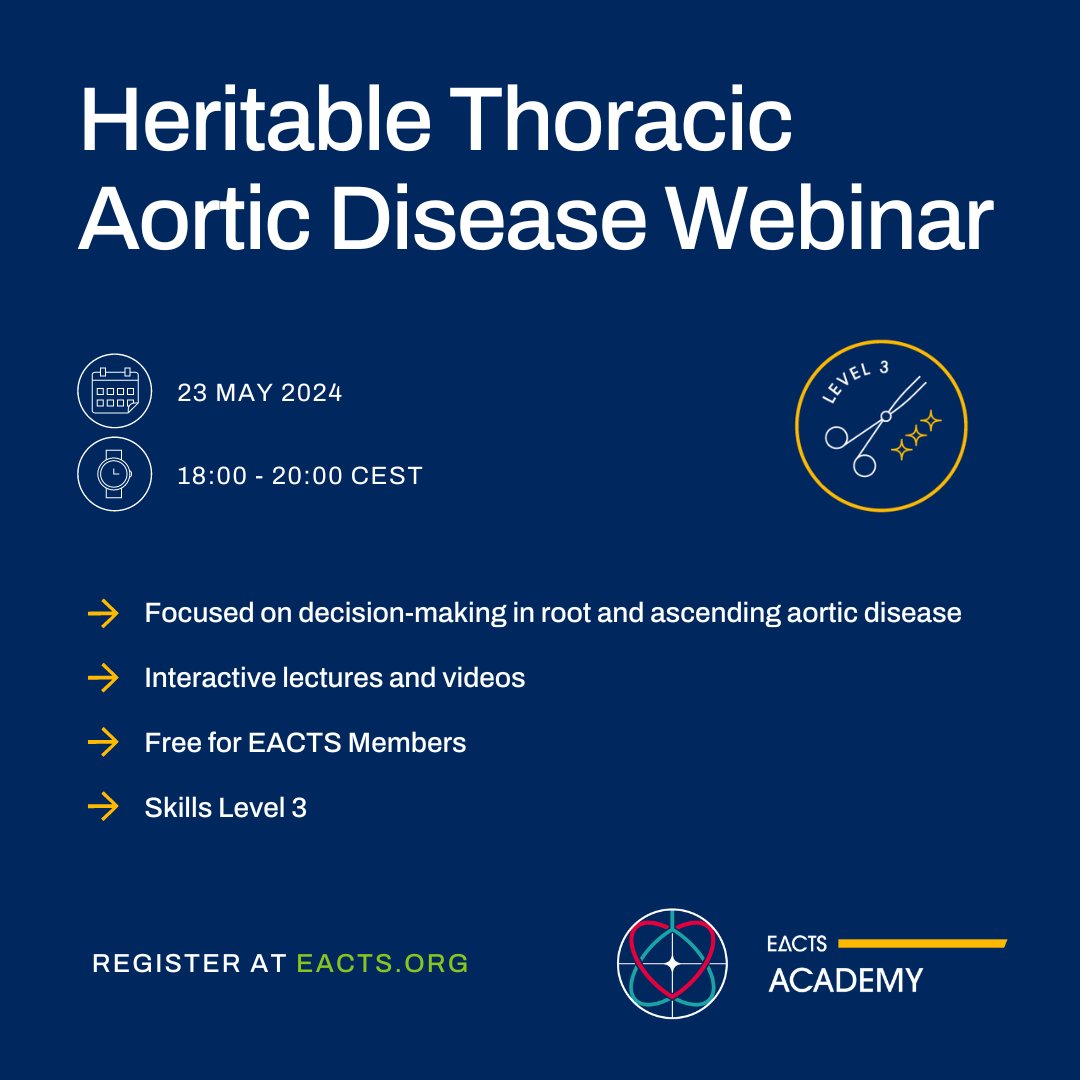 Join Florian Schönhoff and Julia Dumfarth online later this month for an interesting webinar on heritable thoracic aortic disease.

This is the second webinar held by the EACTS Vascular Disease Domain, focusing on decision-making in root and ascending aortic disease.

🌟 FREE for…