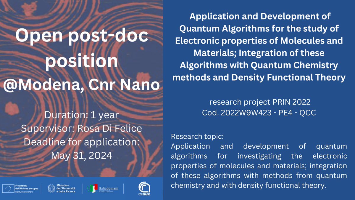 📢#jobalert!  Check out this #PostDoc position at @Cnr_Nano #Modena:

📌Topic: Applying quantum algorithms to analyze  materials electronic properties
⌛️Deadline: May 31
ℹ️nano.cnr.it/job-openings/b…
#quantumalgorithms #quantumchemistry #materialsscience #sciencejob @CNRsocial_