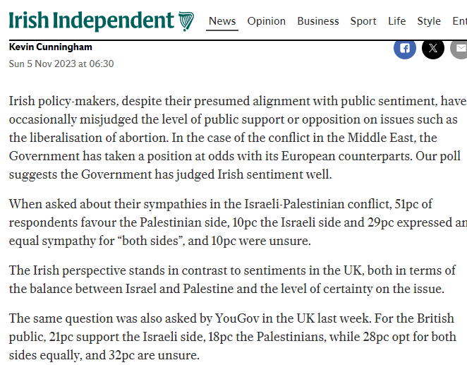 'Is the Irish government getting it right on Gaza' the title of latest @iiea podcast. It also examines how Irish public opinion differs from elsewhere (poll last November- 51% sympathise with Palestinians compared to 18% in UK). open.spotify.com/episode/1xhaNy… music.youtube.com/watch?v=kT43Ei…