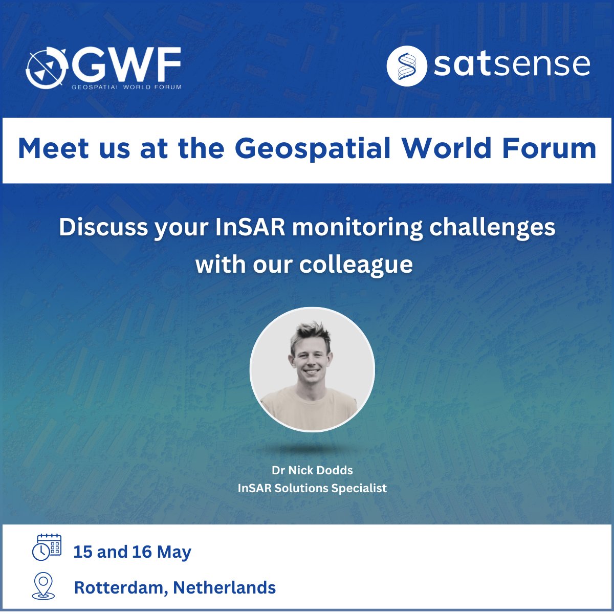 SatSenseLtd's tweet image. We&apos;ll be attending the Geospatial World Forum on the 15th and 16th May. Meet our colleague Dr Nick Dodds to discuss your #InSAR monitoring challenges.

#Geospatial #GeospatialworldForum #GWF