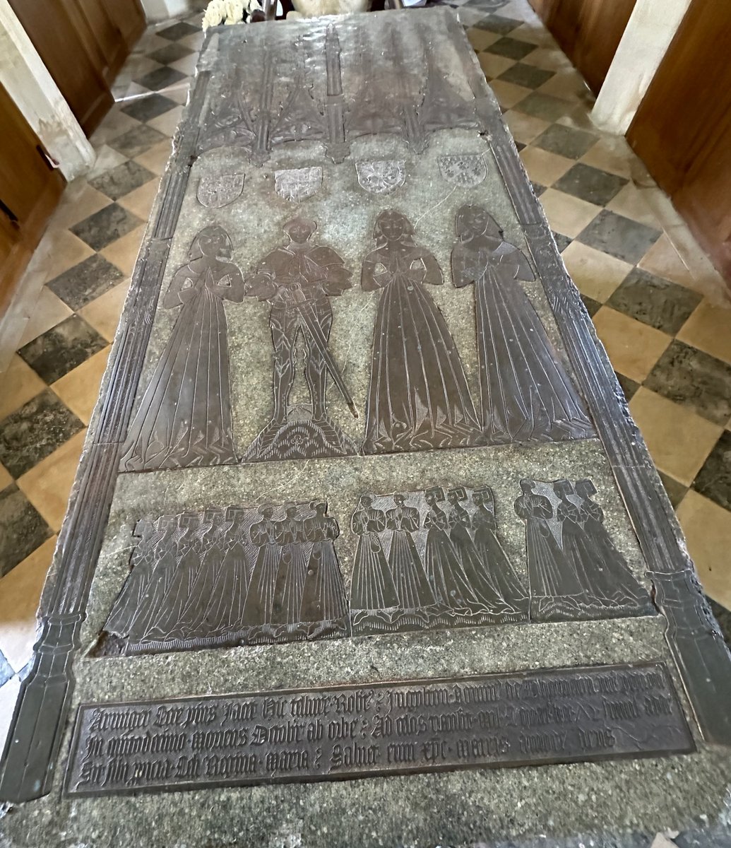 Robert Thornton d.1472 with his three wives and sixteen children! St Michael, Thornton, Bucks. The tomb was found in separate parts of a C18 grotto in the grounds of the girls school in which the church sits. CCT church but prob doubles as the school chapel.
