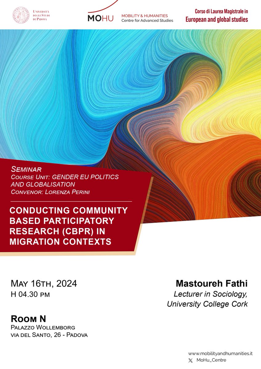 Join us for another insightful MoHu seminar featuring Mastoureh Fathi (@UCC) and convened by Lorenza Perini (UNIPD). 'CONDUCTING COMMUNITY BASED PARTICIPATORY RESEARCH (CBPR) IN MIGRATION CONTEXTS'. Save the date: May 16th. See you there!
