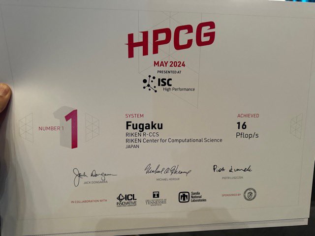 ProfMatsuoka's tweet image. #ISC24 No.1 again (in HPCG and Graph500) for #Fugaku, for nine consecutive times over 4 years. We ourselves did not expect to sustain this long which is both honorable and alarming.