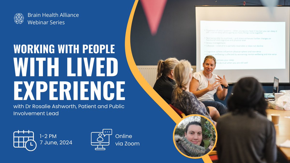 🚨 The next brain health webinar is on June 7th! Dive into the world of Patient & Public Involvement with Dr Rosalie Ashworth and learn how to collaborate effectively with people with lived experience. Register here ➡ bit.ly/4dAAZWe