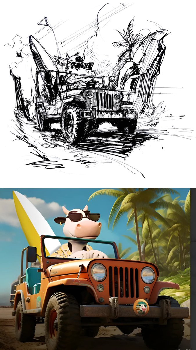 🎨🎮 GameArt enthusiasts assemble! Check out this udderly amazing transformation! Our surf-loving cow went from a rough pencil sketch to colorful reality! It's incredible what art and animation can do! #CharacterDesign #FromSketchToScreen