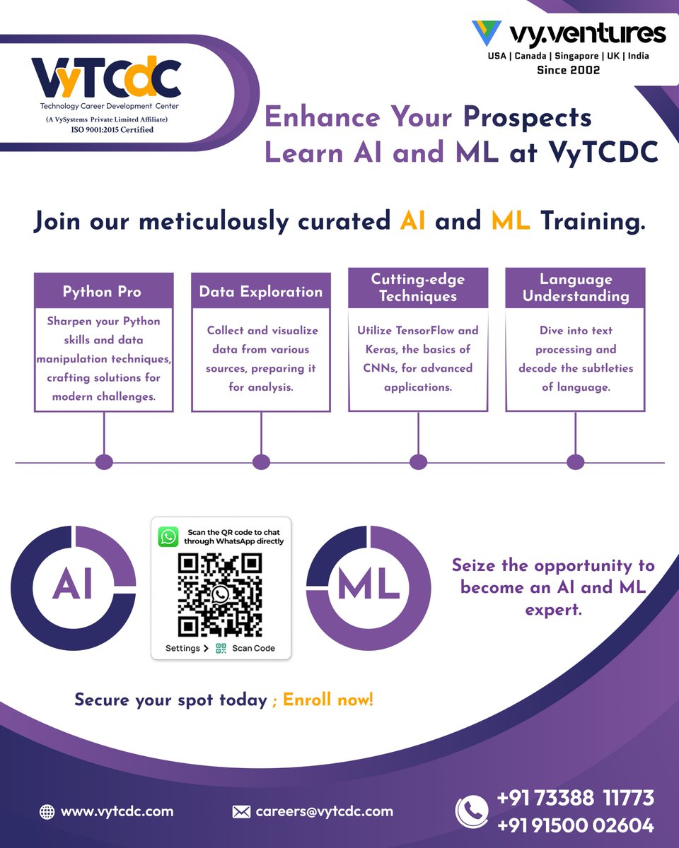 Master AI & ML at VyTCDC! Python prowess, data exploration, TensorFlow & Keras, text processing – become an expert! 

Enroll now!  

#vytcdc #AI #ML #Python #DataScience #Training