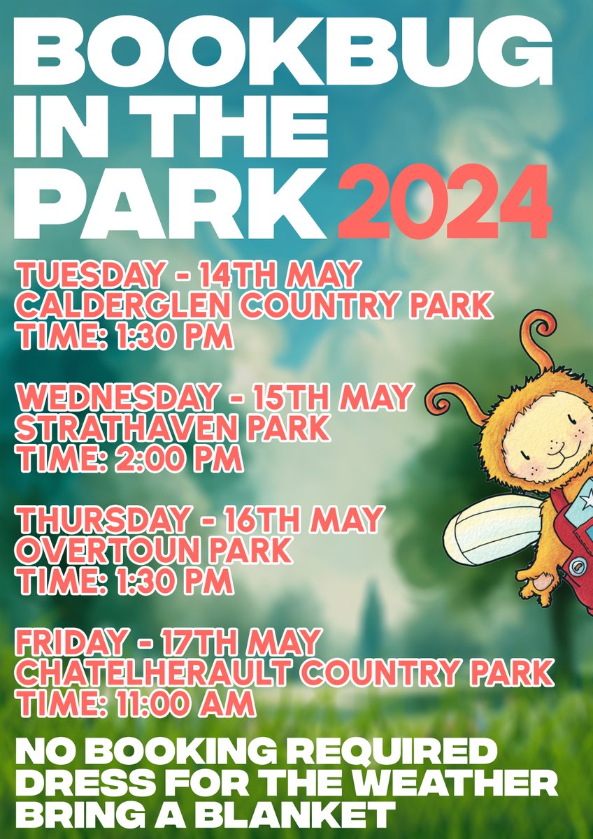 LibrariesSL's tweet image. Join us this #BookbugWeek for fun at Bookbug in the Park! 🌳Come along for songs, rhymes, and delightful stories 🎵📖No need to book—just bring a blanket and enjoy the magic of shared stories. May 13-19, Calderglen, Strathaven, Overton, and Chatelherault Country Parks 👇