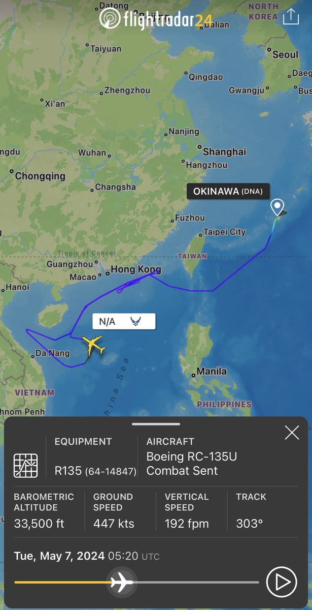 Over the past week, RC-135U Combat Sent (6414847) has been doing sweeps along Chinese coastline: 3 northeast and 1 south. It collects electronic data to locate/identify radar signals to determine detailed operating characteristics and capabilities. af.mil/About-Us/Fact-…