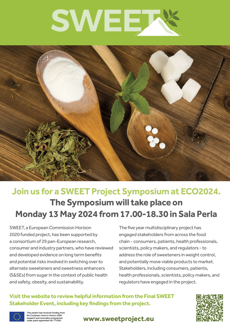 Make plans now to join us for the SWEET Project Symposium at #ECO2024

➡️ 13th May 17.00 - 18.30 in Sala perla

Join the conversation with Jo Harrold, Anne Raben and the SWEET team!

@EASOPresident
<a href="/EASOobesity/">EASO</a>
<a href="/EASOobesityECN/">EASO Early Career Network</a>