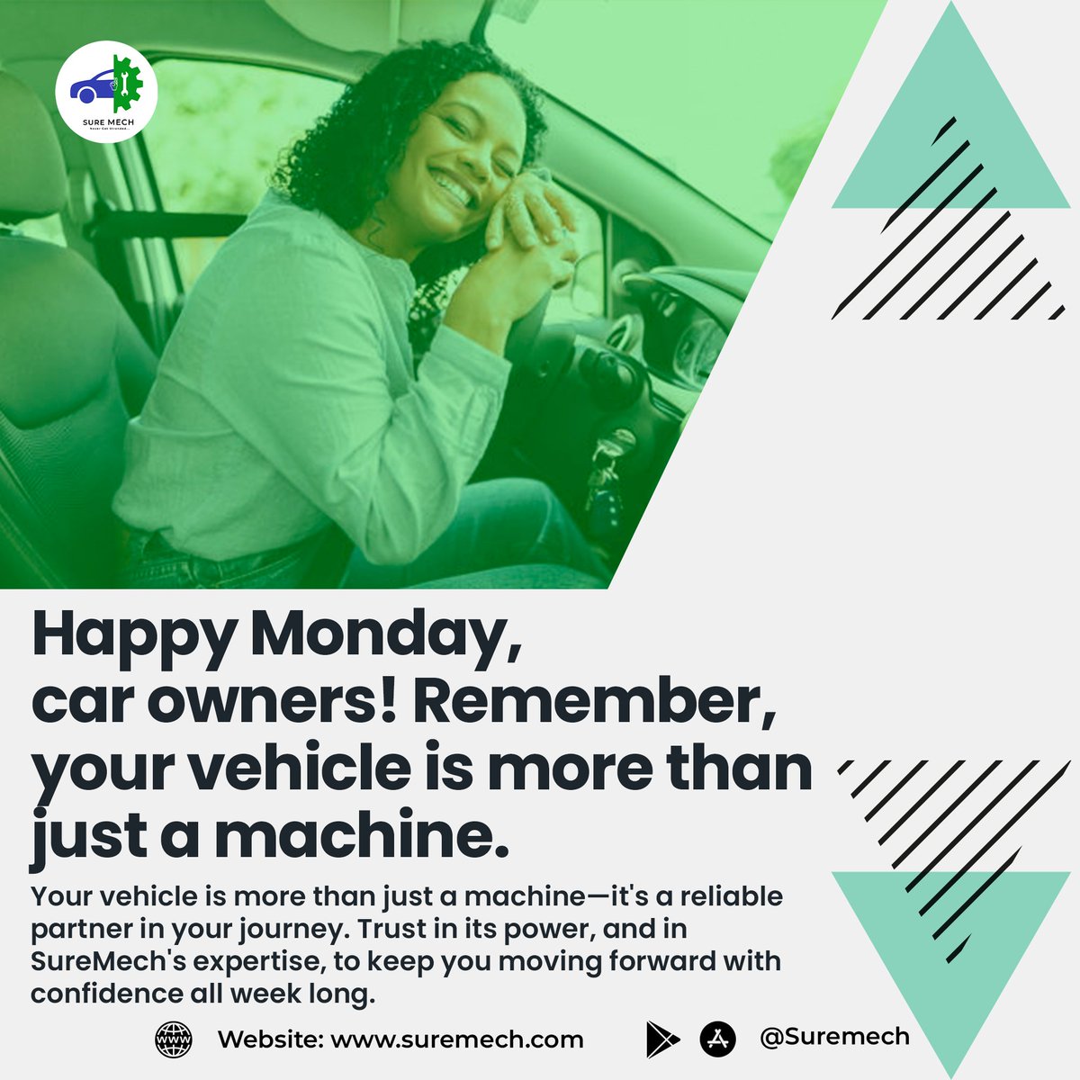 Happy Monday, car owners! Your vehicle is your trusted partner on life's journey. Trust in SureMech to keep you moving forward confidently. Here's to a week of smooth rides and worry-free travels! #SureMech #MondayMotivation #CarCare 🚗✨