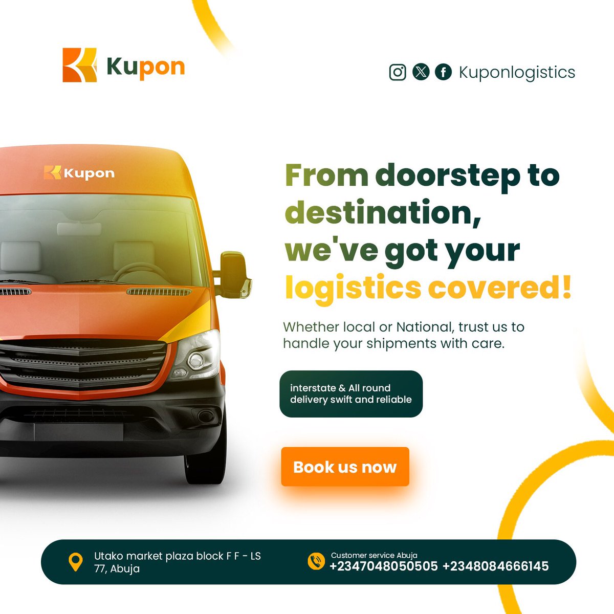 Ship smarter and conveniently with the kupon app by KUPON LOGISTICS 

Enjoy seamless pickup, delivery, and discount on domestic shipping fees.

Download the kupon app today experience and discounted deliveries today 

#kuponlogistics
#hyperlocaldeliveryapps
#wedeliver