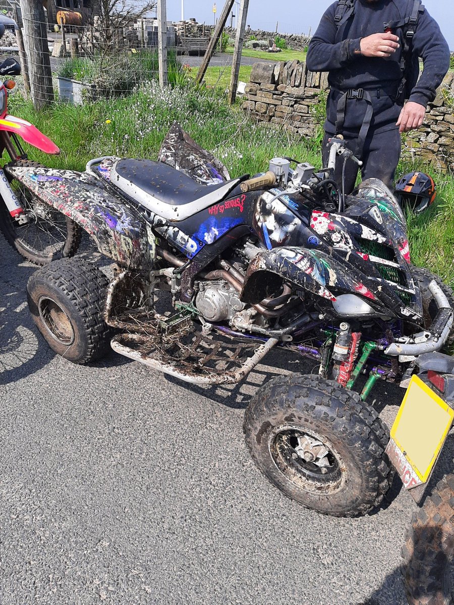 Officers found this @YMUKofficial quad plastered in mud along with the rider, who had been ripping up the moorland in the @WYP_Keighley area. Rider issued with a S.59 warning and reported to @bradfordmdc @Safer_Bradford for a breach of the anti-social driving PSPO. #opsteerside