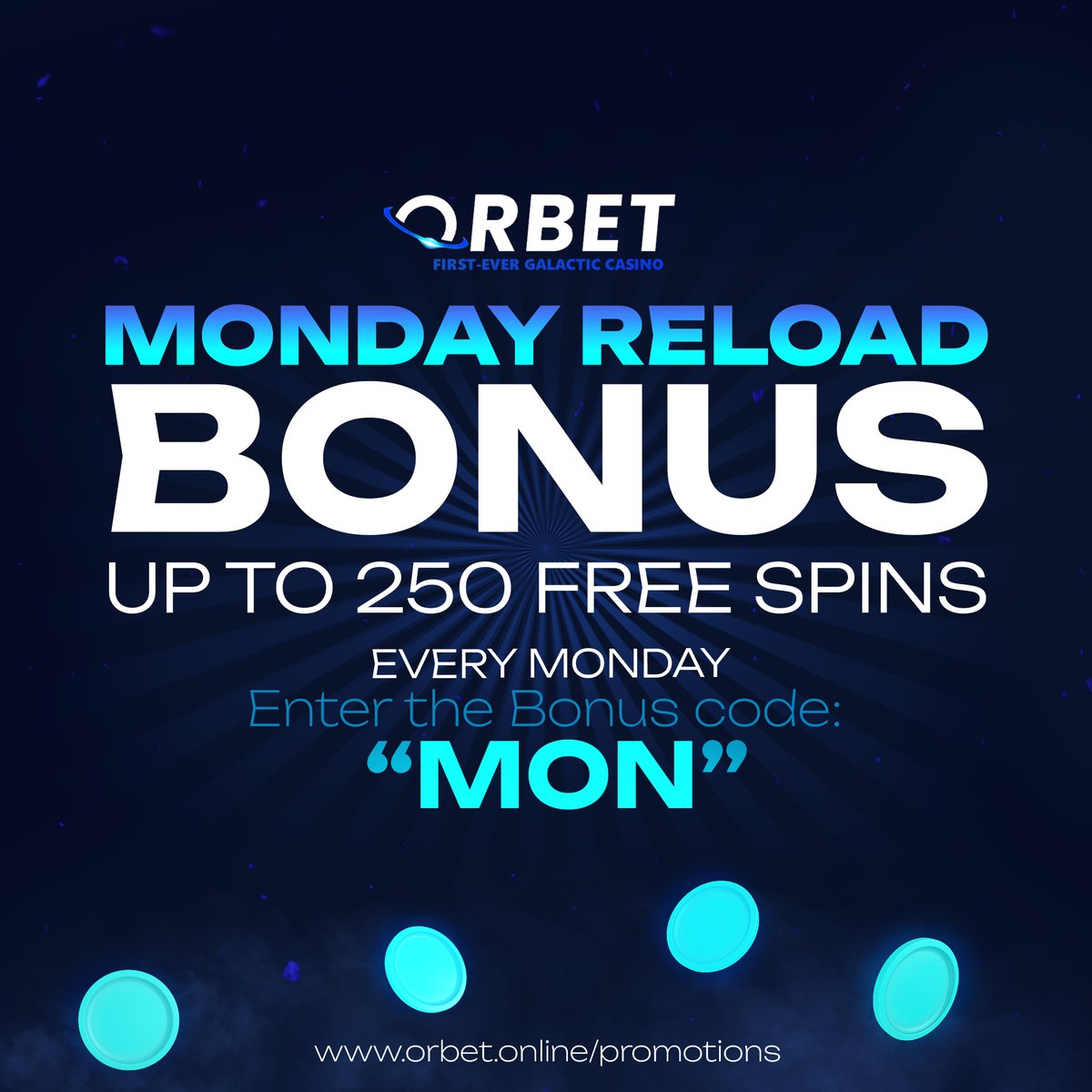 Orbet's tweet image. Let's start this week right with our Monday reload Bonus💸 

Just deposit a minimum amount of €10 and get up to 250 Free Spins on the newest pragmatic slots! 

Full details here: orbet.online/promotions