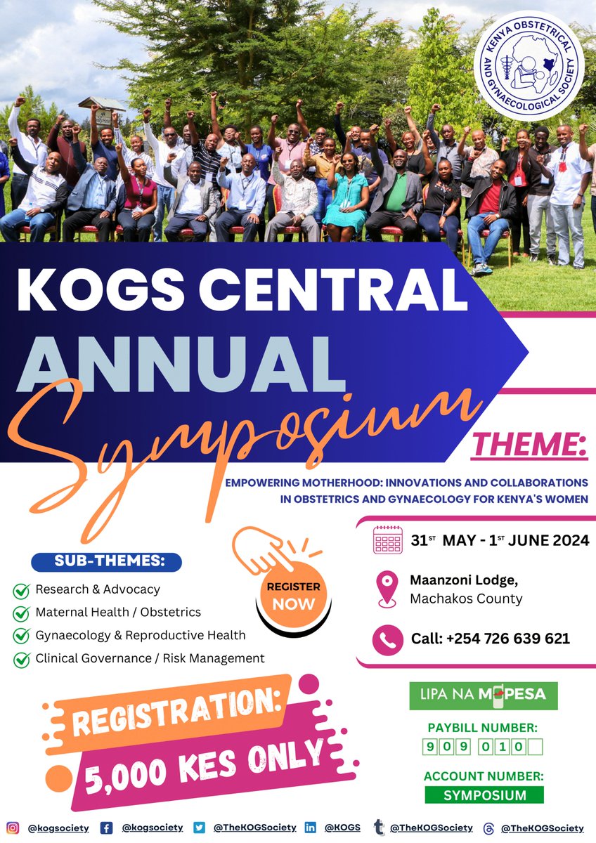 Register Now for the KOGS Central Branch Symposium!

📅 When: May 31 - June 1, 2024
📍 Where: Maanzoni Lodge

Don’t miss this essential event for healthcare professionals in obstetrics and gynaecology!

💳Register and pay now: [ forms.gle/j9tkjEq9uCYCpb… ]

#KOGSCentralSymposium24