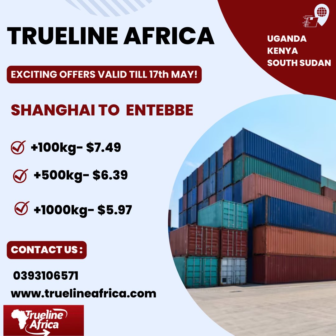 •Are you thinking about importing goods from Shanghai to Entebbe?

•We have got some exciting offers valid until the end of the week! ✨

•Contact us for more information! 
#import #trulineafrica #logistics #greatdeals
