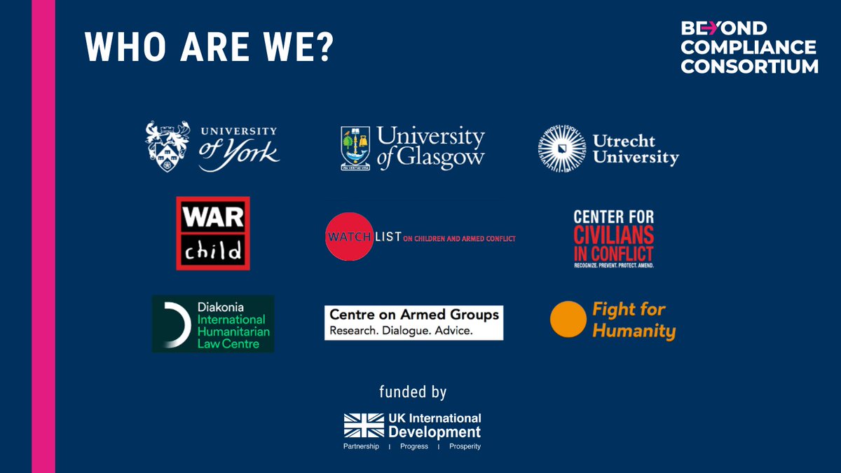 Unsure who we are? The #BeyondCompliance Consortium is an academic-practitioner, co-productive research partnership composed of 9 academic, human rights & humanitarian orgs. We are undertaking research - funded by @FCDOResearch - for the promotion of restraint by armed actors. 👇