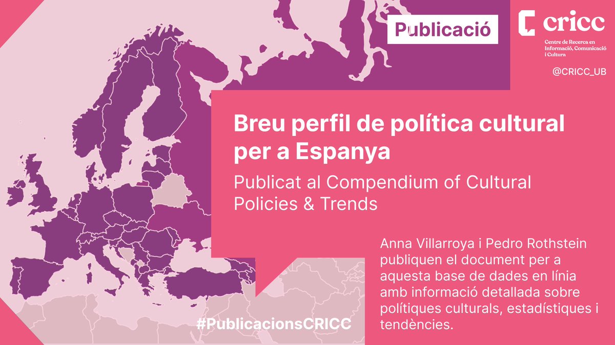 🆕 PUBLICACIÓ | Nou perfil de política cultural per a Espanya compilat per Anna Villarroya i Pedro Rothstein 🌍 Publicat a la base de dades Compendium of Cultural Policies & Trends, especialitzada en polítiques culturals 👉 fima.ub.edu/grups/cricc/no… #PublicacionsCRICC #Cultura