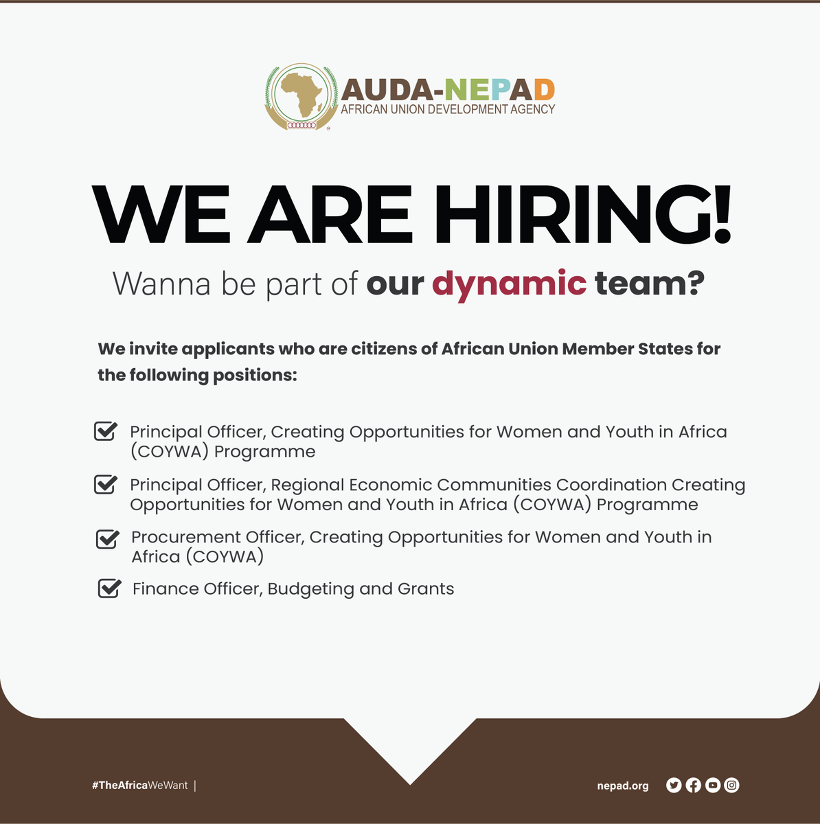 Wanna be part of our dynamic team? We are pleased to extend an invitation to citizens of @_AfricanUnion Member States to apply for the diverse positions currently advertised on our website: nepad.org/work-with-us/c…