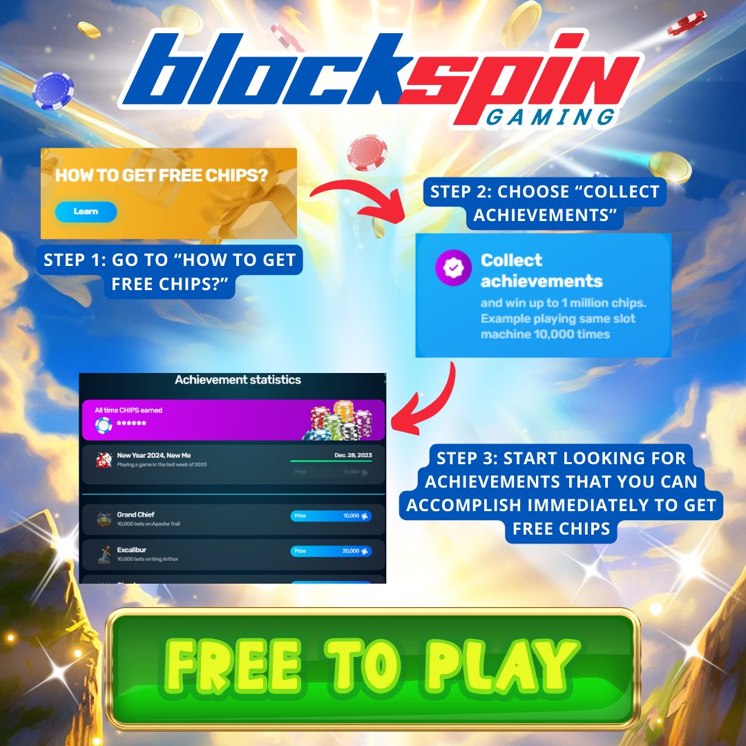 🚨@BLOCKSPINGAMING TIPS🚨
🏅 Don't forget to collect your achievements!

Step 1: Go to 'How to get free chips'
Step 2: Choose 'Collect achievements'
Step 3: Start looking for achievements that you can accomplish immediately to get free chips

#freetoplay #freeslots