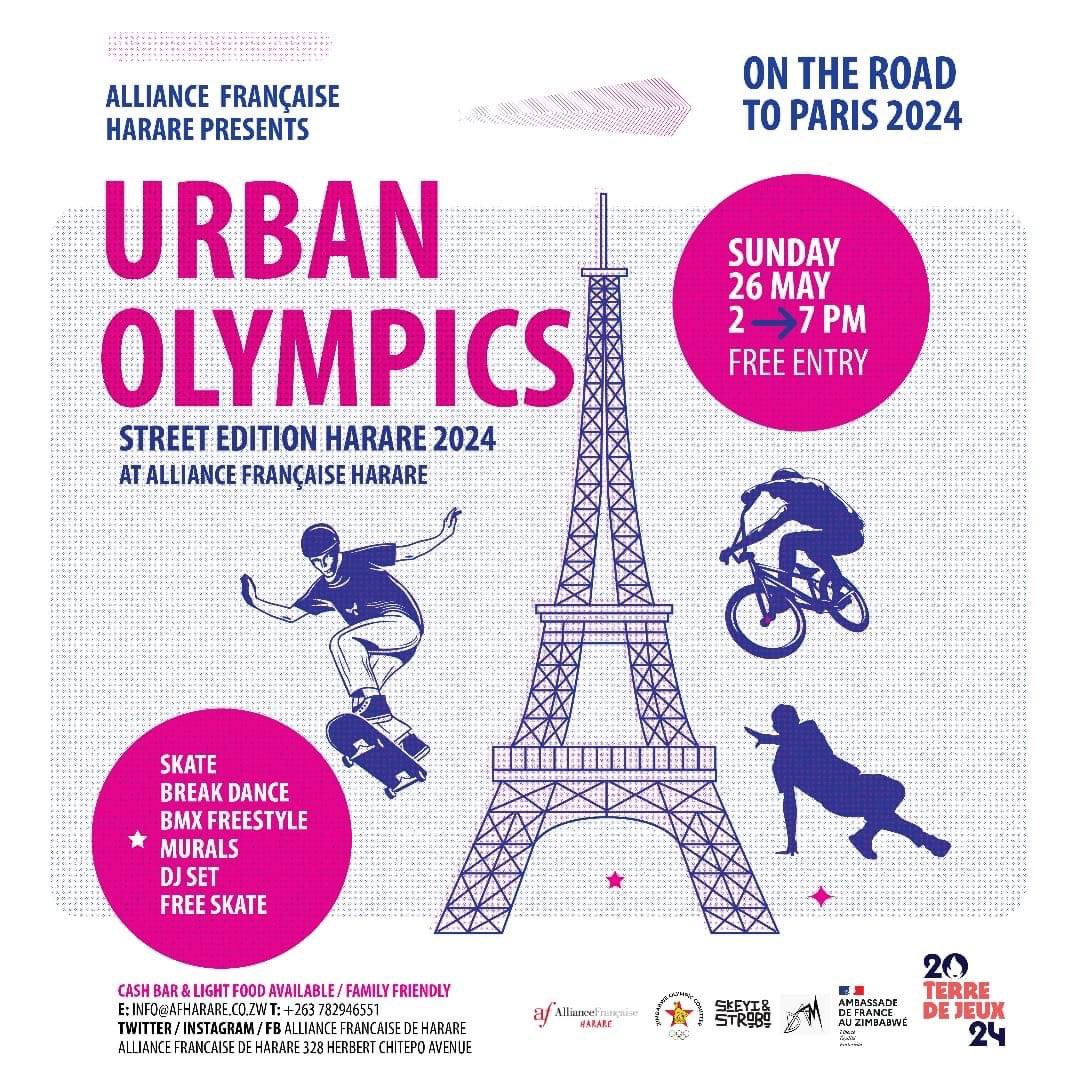 Join us for the Urban Olympics event! 🎉 📅 Sunday, May 26 🕛 2:00 pm - 7:00 pm 📍 @AFHarare Experieence skateboarding, breakdancing, BMX freestyle, and DJ sets! Don't miss this epic event! 🚀