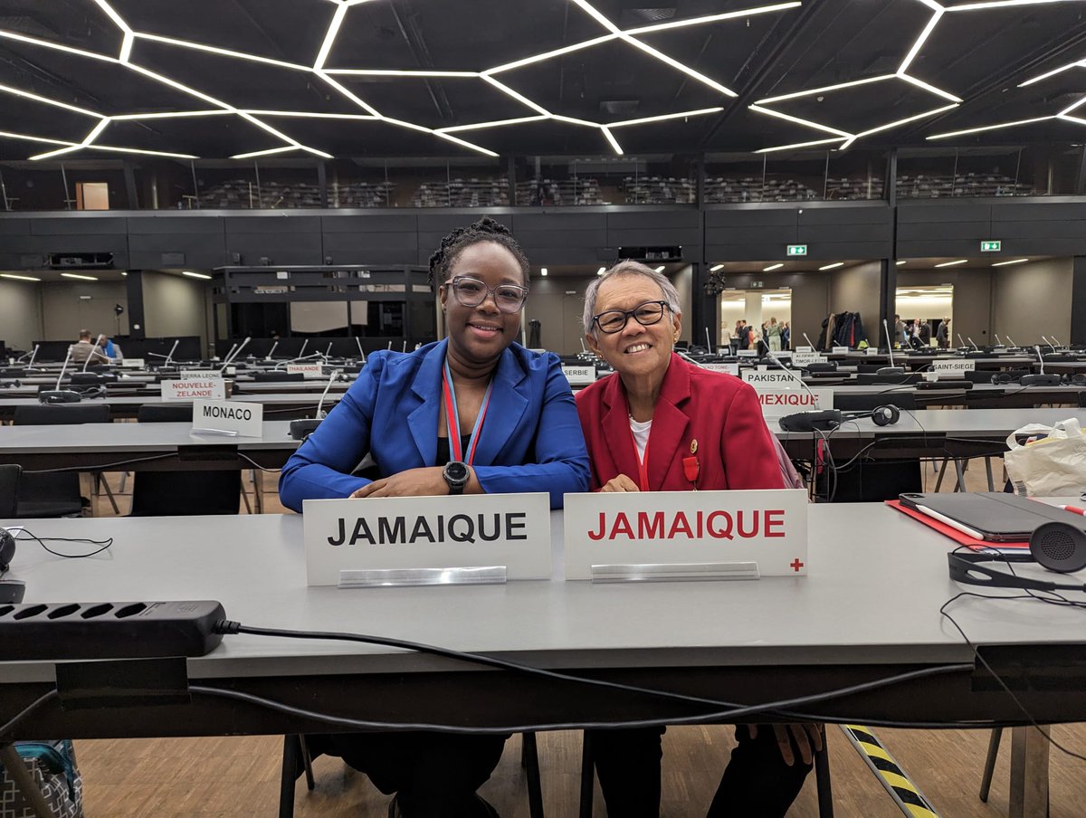 Humanitarian issues focal point in the Mission, Abigail White-Wilson @AbigailWhi37640 & Ms. Allasandra Chung, President of the @Jamaicaredcross at the preparatory meeting for the 34th International Conference of the Red Cross and Red Crescent to be held in Geneva in October 2024.